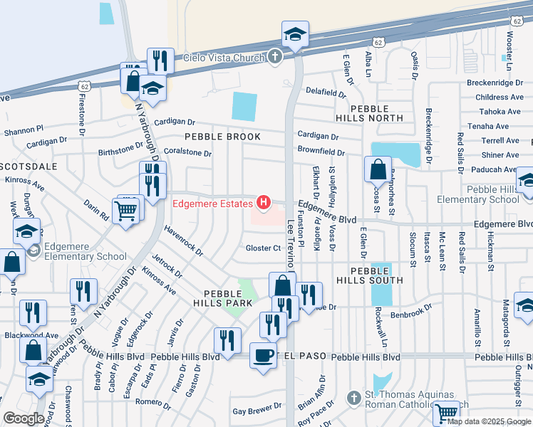 map of restaurants, bars, coffee shops, grocery stores, and more near 10880 Edgemere Boulevard in El Paso