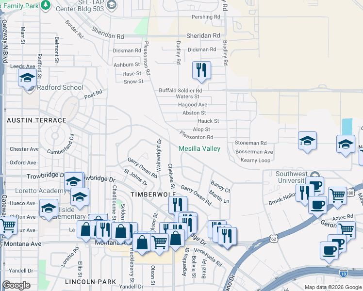 map of restaurants, bars, coffee shops, grocery stores, and more near 5217 Timberwolf Drive in El Paso