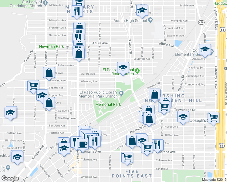 map of restaurants, bars, coffee shops, grocery stores, and more near 3146 Federal Avenue in El Paso
