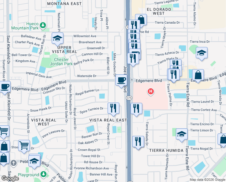 map of restaurants, bars, coffee shops, grocery stores, and more near 3357 Mike Godwin Drive in El Paso