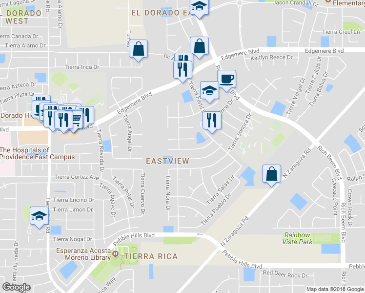 map of restaurants, bars, coffee shops, grocery stores, and more near 12705 Tierra Alexis Drive in El Paso