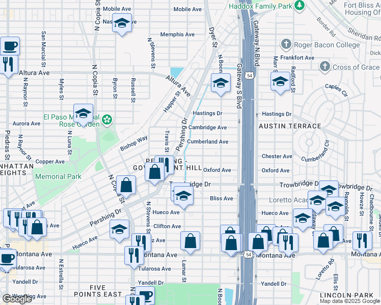 map of restaurants, bars, coffee shops, grocery stores, and more near 3907 Chester Avenue in El Paso