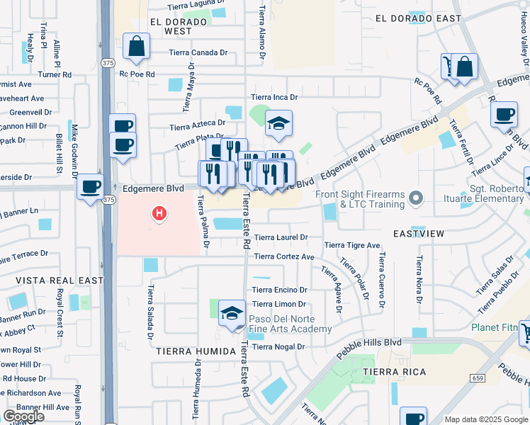 map of restaurants, bars, coffee shops, grocery stores, and more near 3313 Tierra Espada Drive in El Paso