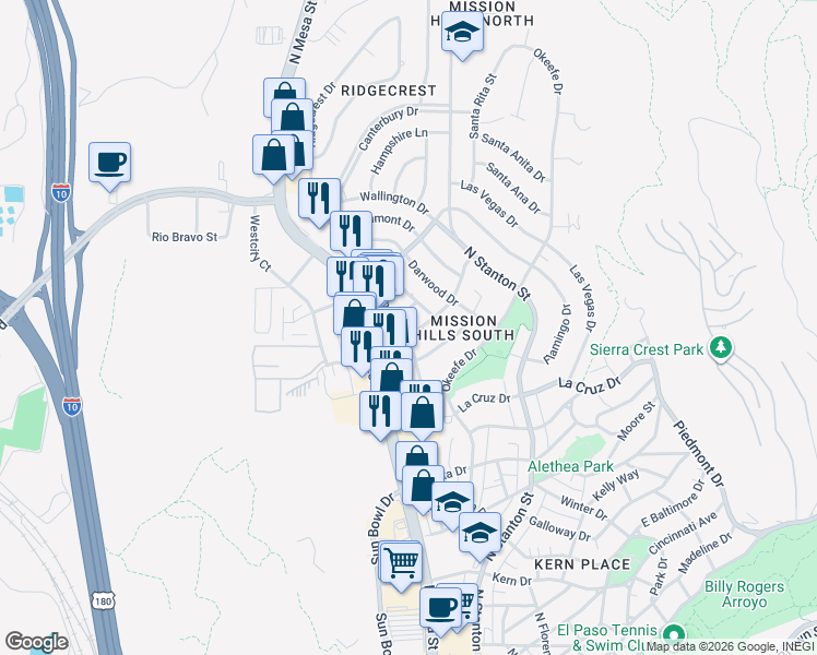 map of restaurants, bars, coffee shops, grocery stores, and more near 3731 Waymore Drive in El Paso