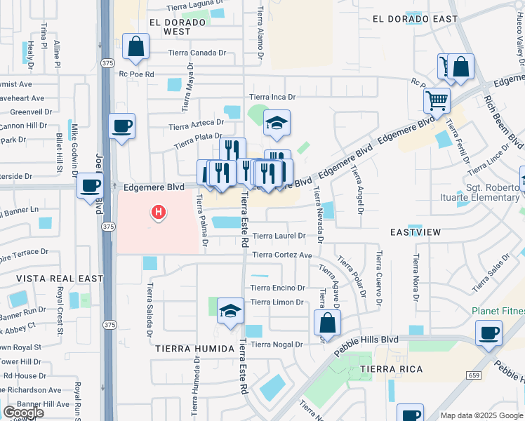 map of restaurants, bars, coffee shops, grocery stores, and more near 3313 Tierra Espada Drive in El Paso