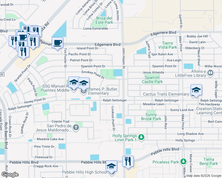 map of restaurants, bars, coffee shops, grocery stores, and more near 14425 Delta Point Court in El Paso