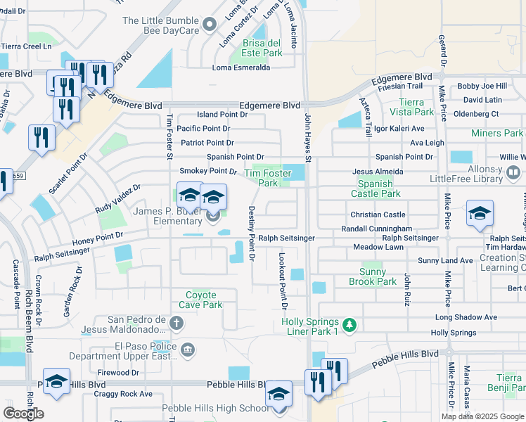 map of restaurants, bars, coffee shops, grocery stores, and more near 14407 Delta Point Court in El Paso