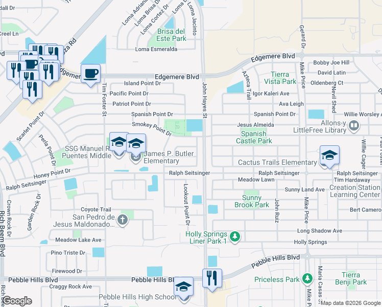 map of restaurants, bars, coffee shops, grocery stores, and more near 14425 Delta Point Court in El Paso