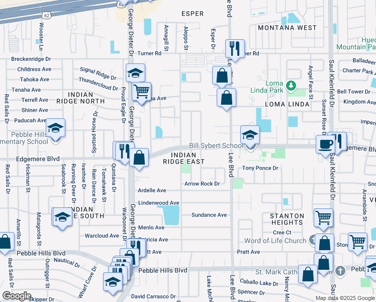 map of restaurants, bars, coffee shops, grocery stores, and more near 3361 Broken Bow Street in El Paso