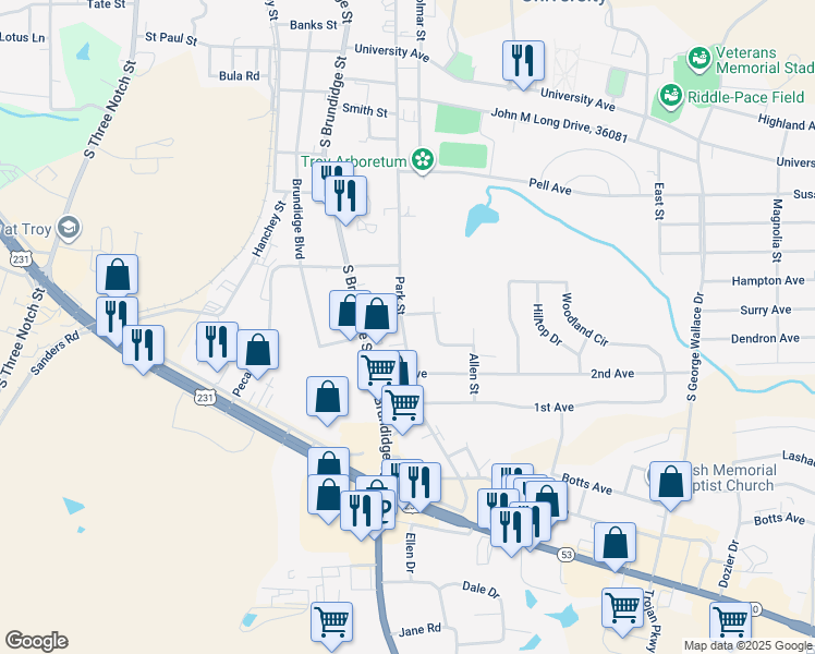 map of restaurants, bars, coffee shops, grocery stores, and more near 1202 Park Street in Troy