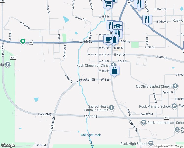 map of restaurants, bars, coffee shops, grocery stores, and more near 438 Barron Street in Rusk