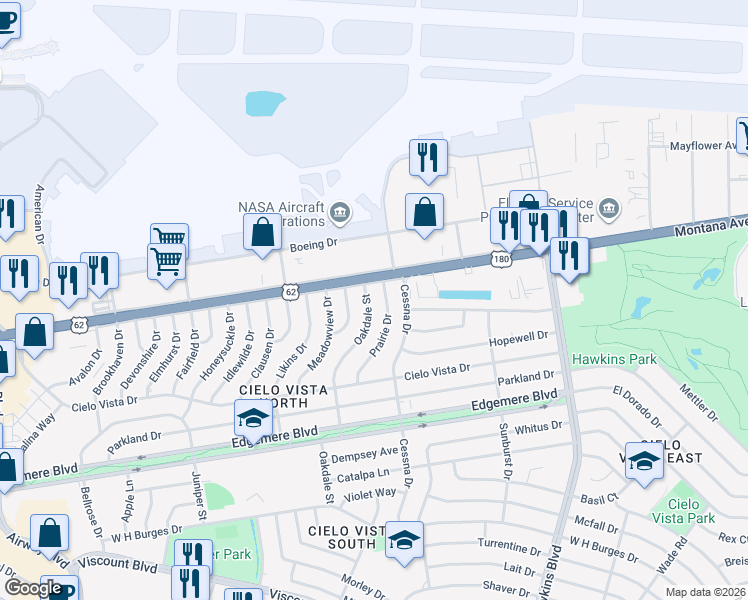 map of restaurants, bars, coffee shops, grocery stores, and more near 1509 Oakdale Street in El Paso