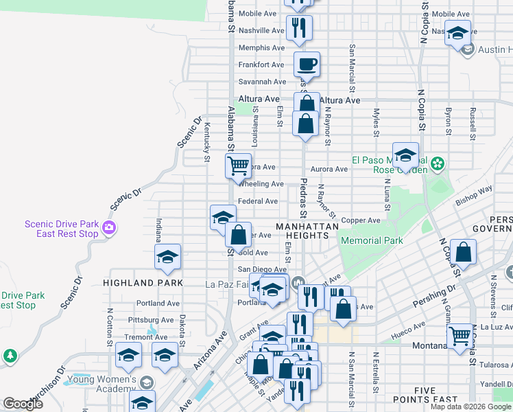 map of restaurants, bars, coffee shops, grocery stores, and more near 2712 Federal Avenue in El Paso