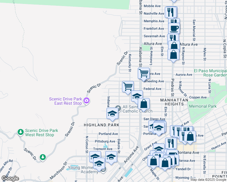 map of restaurants, bars, coffee shops, grocery stores, and more near 2310 Federal Avenue in El Paso