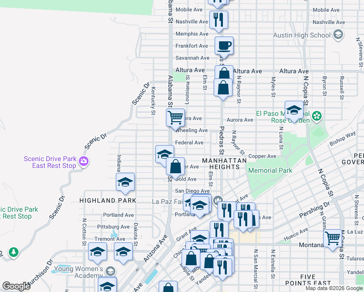 map of restaurants, bars, coffee shops, grocery stores, and more near 2611 Copper Avenue in El Paso