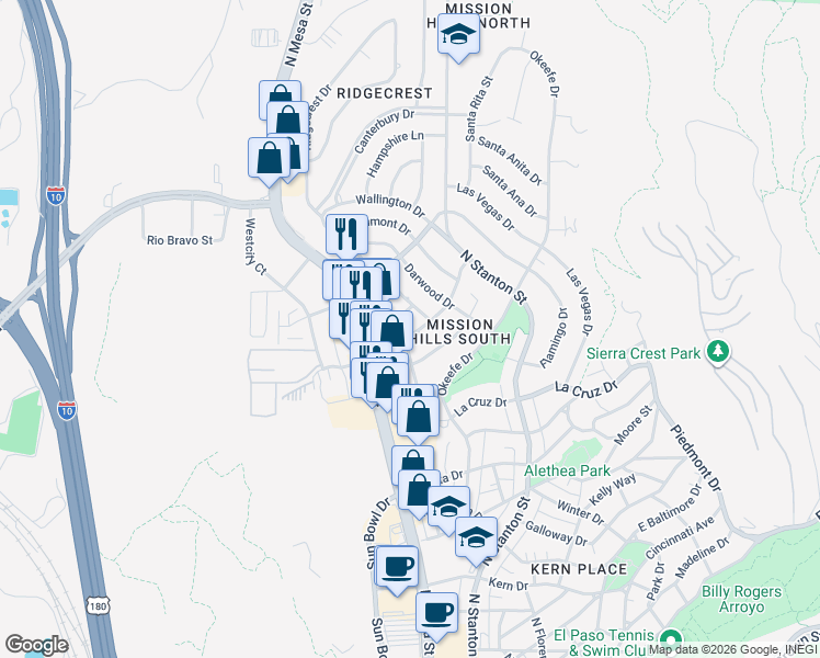 map of restaurants, bars, coffee shops, grocery stores, and more near 3731 Waymore Drive in El Paso