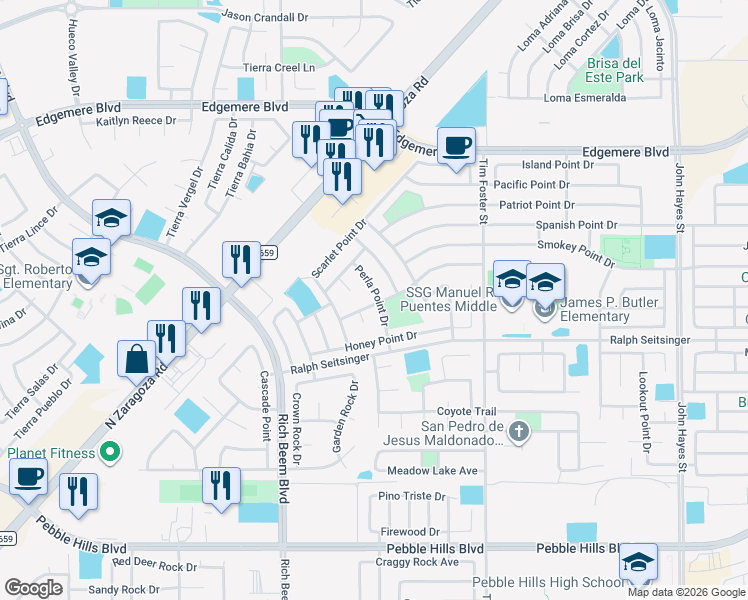 map of restaurants, bars, coffee shops, grocery stores, and more near 3241 Perla Point Drive in El Paso