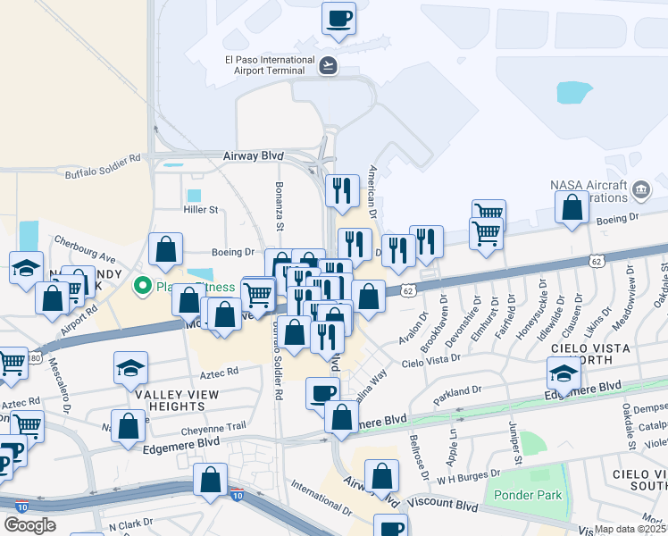 map of restaurants, bars, coffee shops, grocery stores, and more near 1670 Airway Boulevard in El Paso