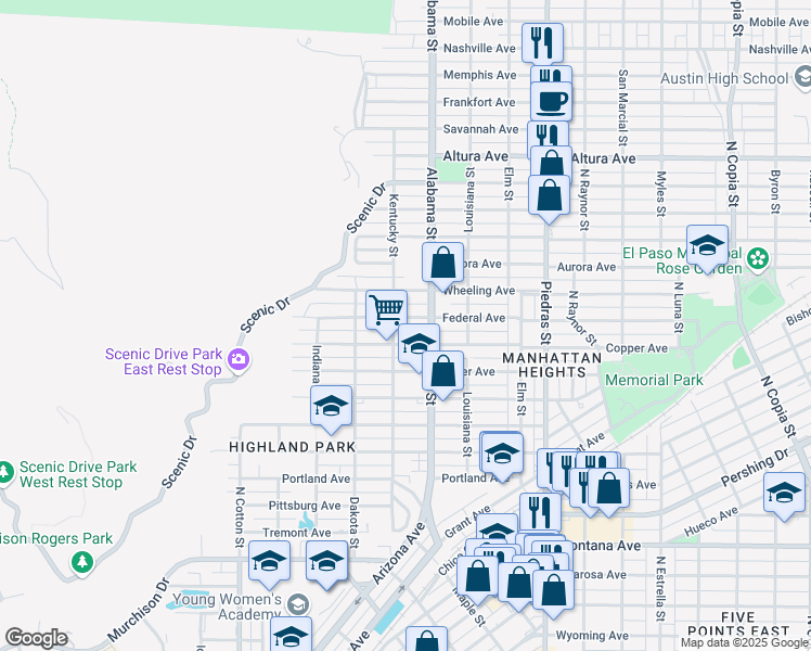 map of restaurants, bars, coffee shops, grocery stores, and more near 2510 Federal Ave in El Paso