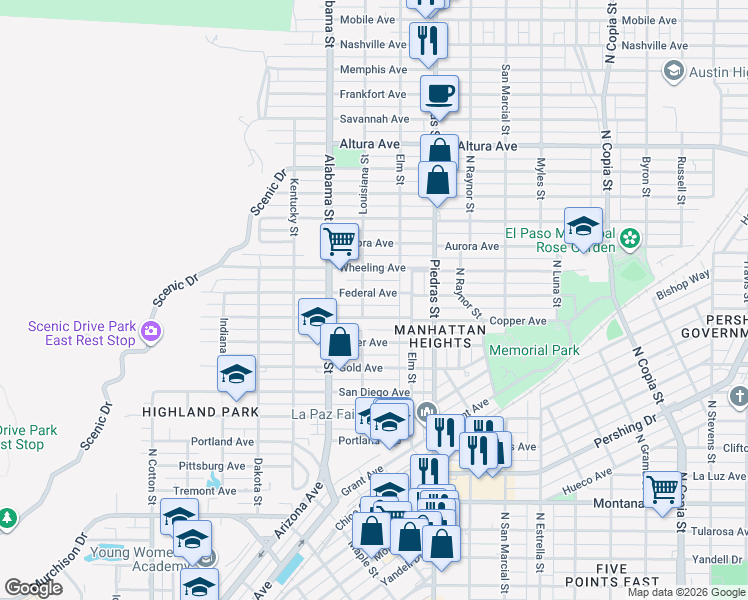 map of restaurants, bars, coffee shops, grocery stores, and more near 2712 Federal Avenue in El Paso