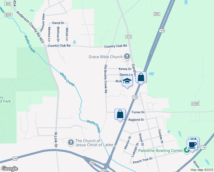 map of restaurants, bars, coffee shops, grocery stores, and more near 1702 Old Brushy Creek Road in Palestine