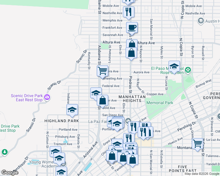 map of restaurants, bars, coffee shops, grocery stores, and more near 2712 Federal Avenue in El Paso