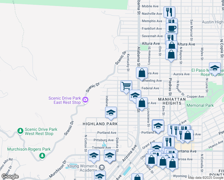 map of restaurants, bars, coffee shops, grocery stores, and more near 2310 Federal Avenue in El Paso
