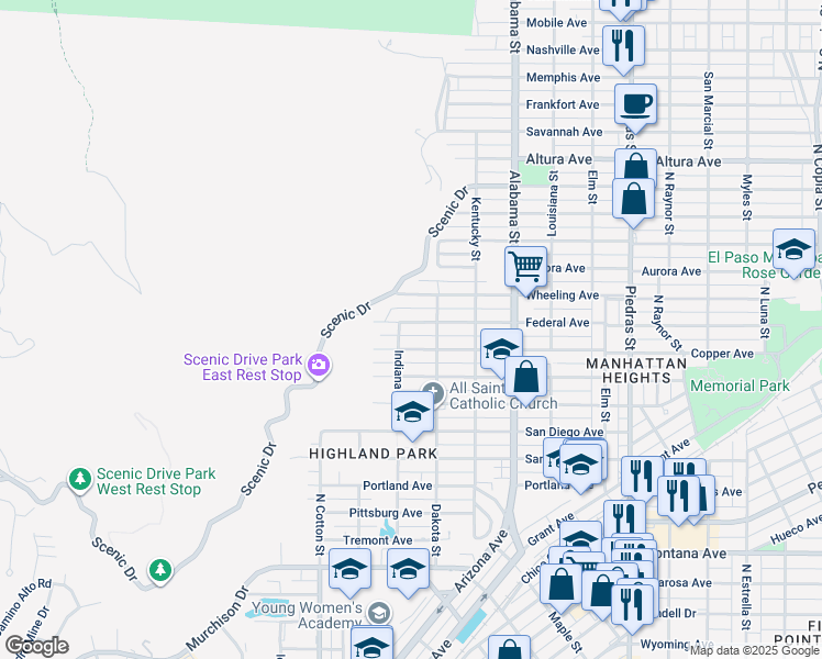 map of restaurants, bars, coffee shops, grocery stores, and more near 2310 Federal Avenue in El Paso