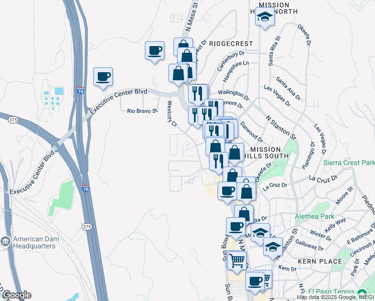map of restaurants, bars, coffee shops, grocery stores, and more near 4141 Westcity Court in El Paso