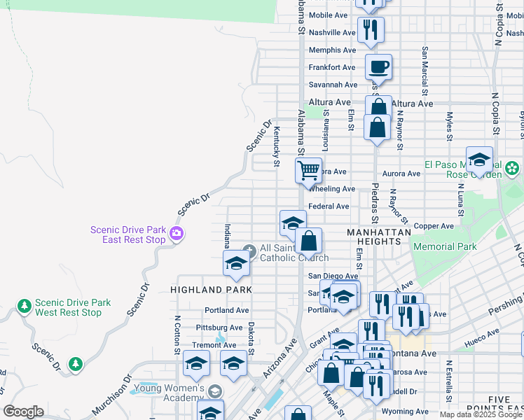 map of restaurants, bars, coffee shops, grocery stores, and more near 2412 Federal Avenue in El Paso
