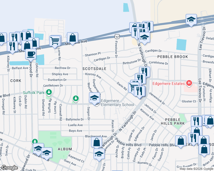 map of restaurants, bars, coffee shops, grocery stores, and more near 3338 Shedfield Place in El Paso