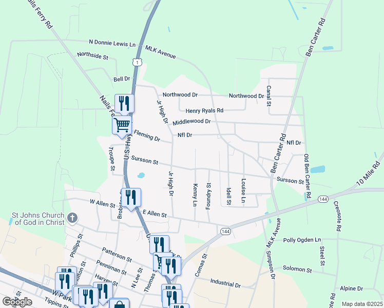 map of restaurants, bars, coffee shops, grocery stores, and more near 353 Kenny Lane in Baxley