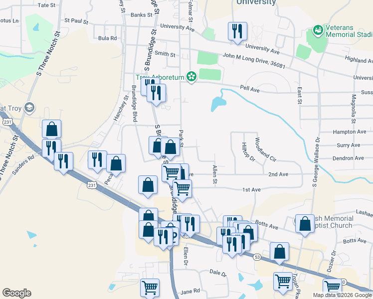 map of restaurants, bars, coffee shops, grocery stores, and more near 1202-1204 Park Street in Troy