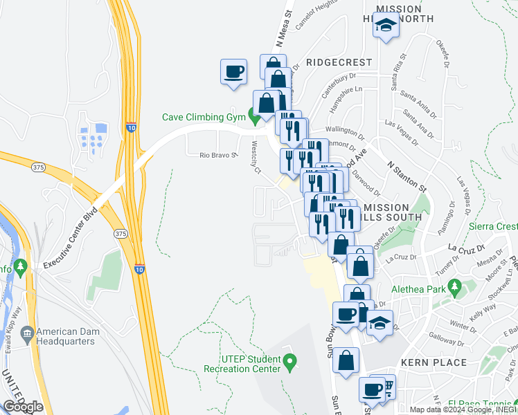 map of restaurants, bars, coffee shops, grocery stores, and more near 216 West Wallington Drive in El Paso