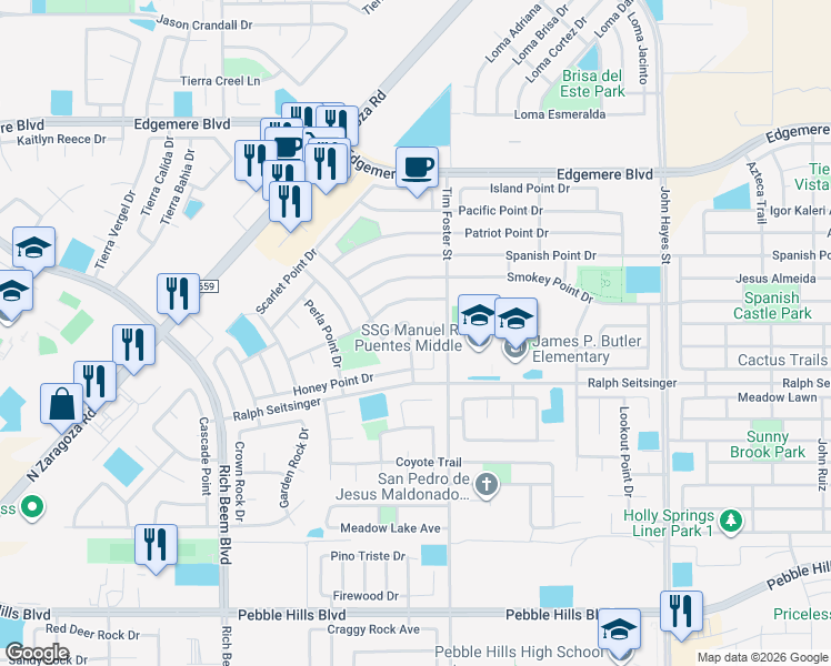 map of restaurants, bars, coffee shops, grocery stores, and more near 3236 Sunset Point Drive in El Paso