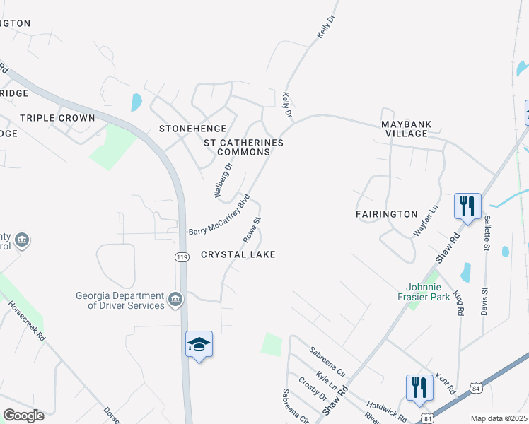 map of restaurants, bars, coffee shops, grocery stores, and more near 2385 Rowe Street in Hinesville