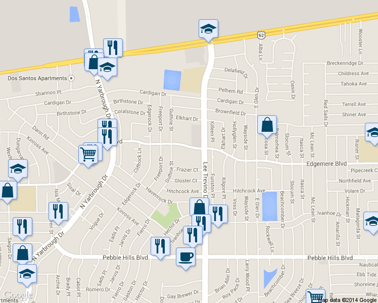 map of restaurants, bars, coffee shops, grocery stores, and more near 10880 Edgemere Boulevard in El Paso