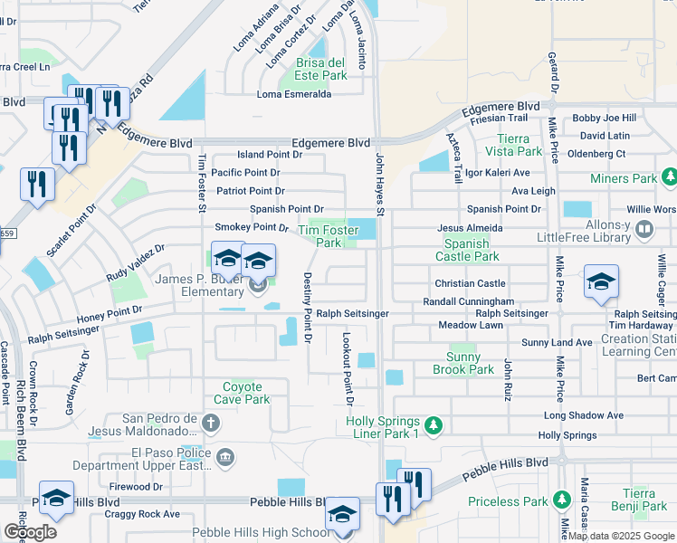 map of restaurants, bars, coffee shops, grocery stores, and more near 14416 Ocean Point Lane in El Paso