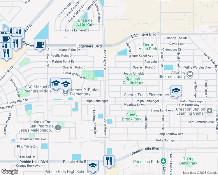 map of restaurants, bars, coffee shops, grocery stores, and more near 3213 Christian Cunningham in El Paso