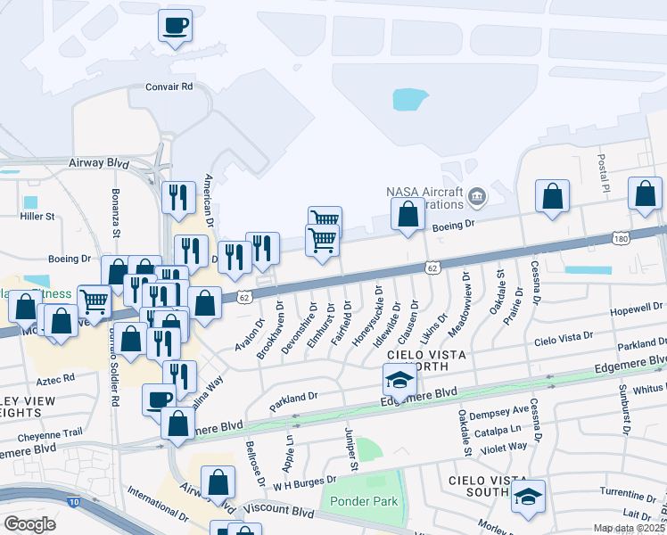 map of restaurants, bars, coffee shops, grocery stores, and more near 7505 Lockheed Drive in El Paso