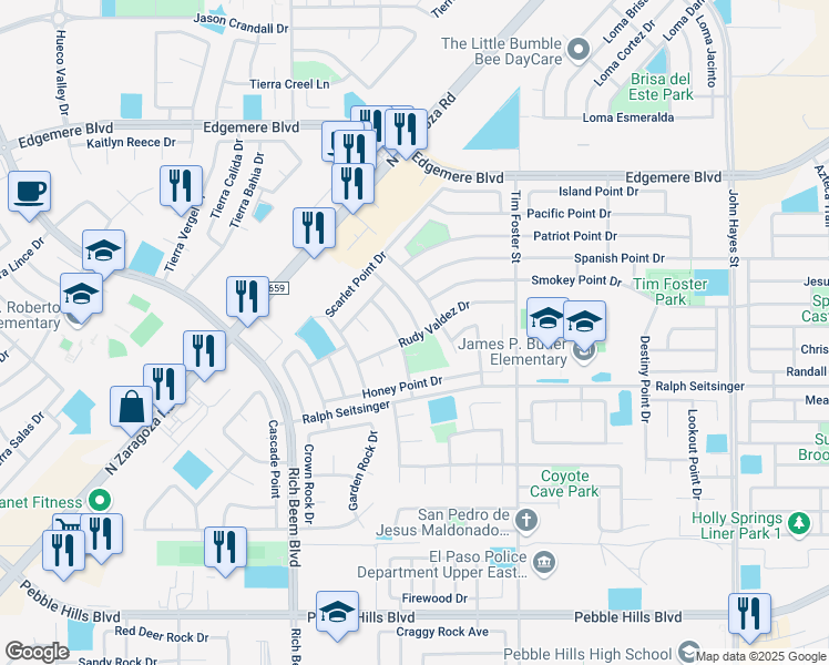 map of restaurants, bars, coffee shops, grocery stores, and more near 3261 Garden Point Drive in El Paso