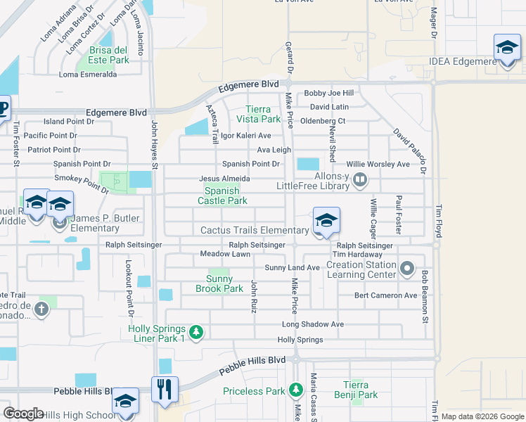 map of restaurants, bars, coffee shops, grocery stores, and more near 14640 Christian Castle in El Paso
