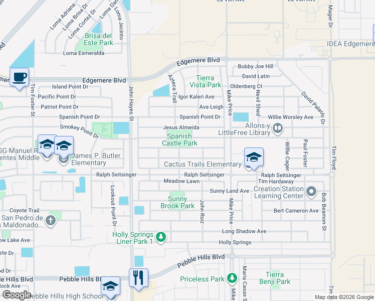 map of restaurants, bars, coffee shops, grocery stores, and more near 14613 Christian Castle in El Paso