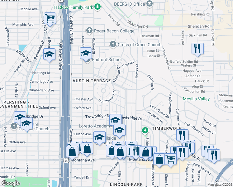 map of restaurants, bars, coffee shops, grocery stores, and more near 4710 Banner Court in El Paso