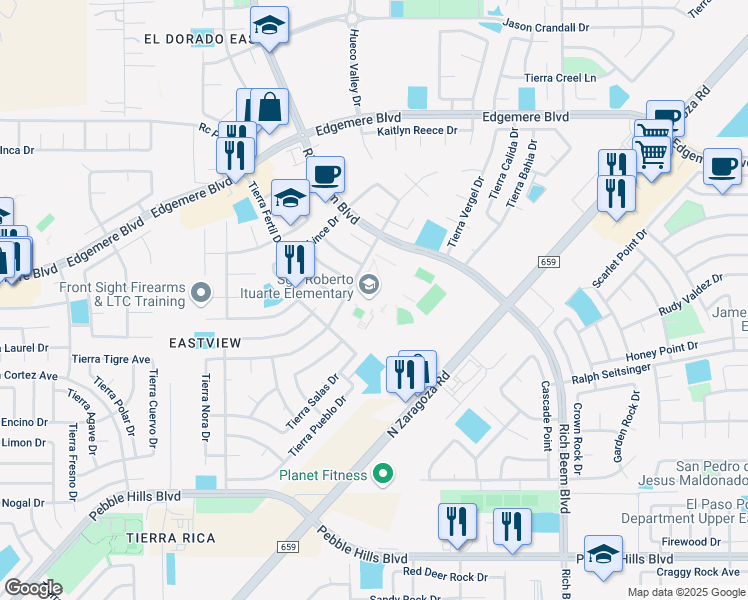map of restaurants, bars, coffee shops, grocery stores, and more near 12860 Tierra Sonora Drive in El Paso