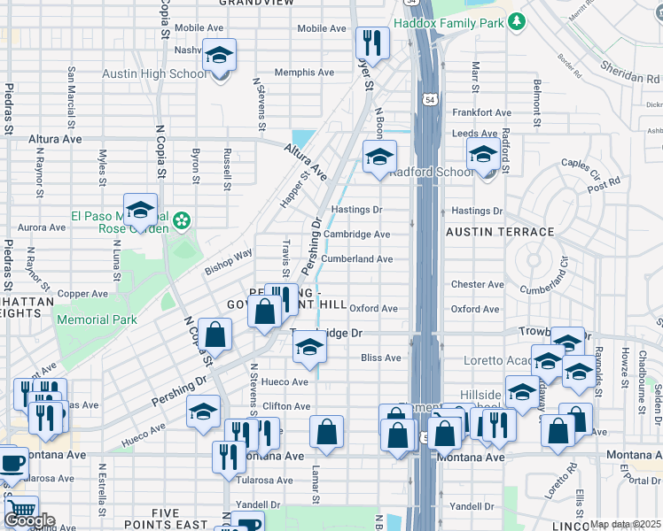 map of restaurants, bars, coffee shops, grocery stores, and more near 3907 Chester Avenue in El Paso