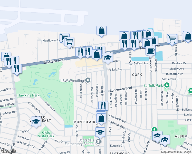 map of restaurants, bars, coffee shops, grocery stores, and more near 3437 Kirkwall Street in El Paso