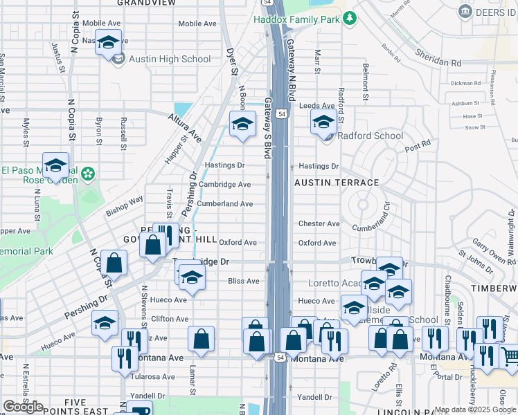 map of restaurants, bars, coffee shops, grocery stores, and more near 4111 Chester Avenue in El Paso