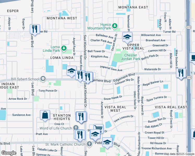 map of restaurants, bars, coffee shops, grocery stores, and more near 11753 Crimson Sky Drive in El Paso