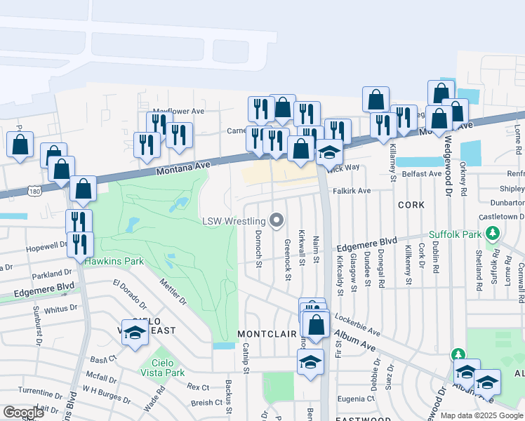 map of restaurants, bars, coffee shops, grocery stores, and more near 3439 Dornoch Street in El Paso